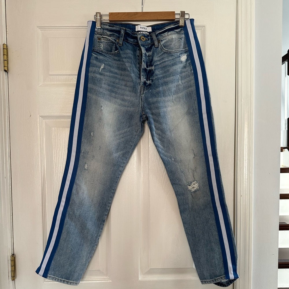 NEW PISTOLA NICO SPORTY STRIPE MOM CROP DISTRESSED JEANS 28”